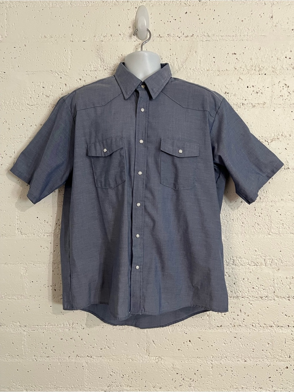 Red Kap Mens Button Down Work Shirt XL Blue Faux Pearl Snap Short Sleeve D19